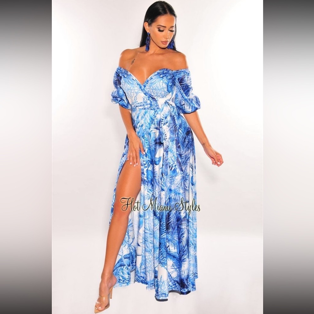 White Blue Palm Print Off Shoulder Boned Wrap Slit Maxi Dress Size Small